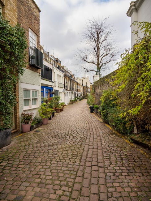 A narrow cobblestone street in Kensington High Street featuring a row of residential buildings with white facades, some with colorful window frames, and potted plants along the sidewalk. The street is lined with greenery, including a large tree with bare branches and various shrubs and bushes on the right side. The scene is illuminated by natural daylight under a slightly overcast sky, conveying a quiet residential atmosphere. This image reflects the environment that South Kensington Cleaner services for end of tenancy cleaning in Kensington High Street flats, focusing on maintaining clean, hygienic living spaces in such settings.